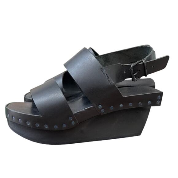 Trippen Shoes - Trippen Black Leather Platform Wedge Sandals Wooden Sole Studded Strappy Sz 39 9